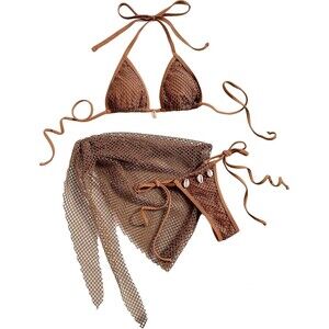Verdusa Women's 3 Piece Halter String Fishnet Bikini Swimsuit with Wrap Medium